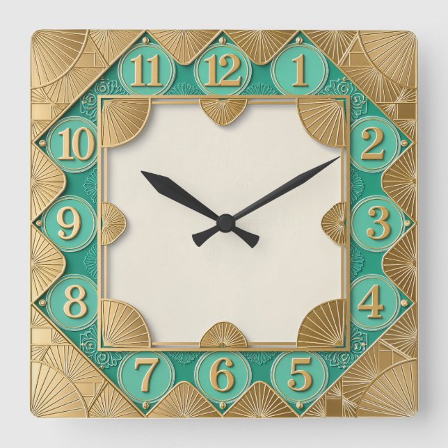 Art Deco Mint Quadratische Wanduhr (Vorderseite)