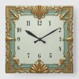 Art Deco Mint und Gold Quadratische Wanduhr