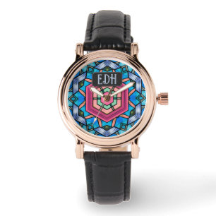 Art Deco mit Ihren Initialen - Blau und Rosa der 3 Armbanduhr
