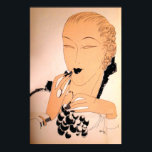 Art-Deco-Mode-Ära der 1930er Jahre Poster<br><div class="desc">Diese atemberaubende Art-Déco-Illustration, die aus einer Zeitschrift von 1933 stammt, zeigt eine Frau, die mit einem Anhäufung von Trauben, der Farbe ihres Lippenstift, konfrontiert ist. Es sieht so aus, als wäre es in schminkfarbenen Tönen gezeichnet worden, fast sepia-ähnlich, und zeigt den Glamour und den Stil der Zeit absolut an. Perfektes...</div>