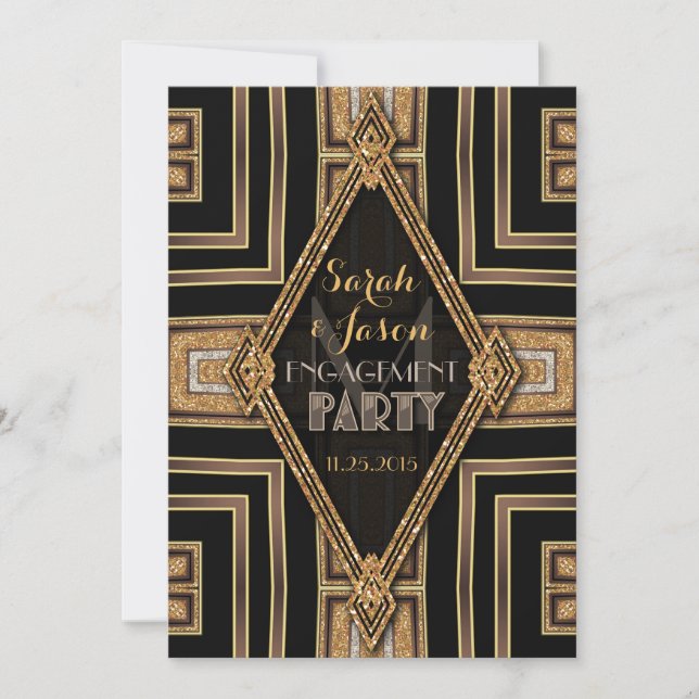 Art Deco Moderne Black Gold Engagement Party Einladung (Vorderseite)