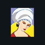 Art Deco Moderne Dame in einem Turban Leinwanddruck<br><div class="desc">Leinwand in einem modernen,  halb abstrakten Art-Déco-Porträt einer Dame in Rot mit weißem Turban,  gelb und blau-grau-Hintergrund inspiriert</div>