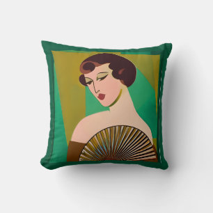 Art Deco Moderne Dame mit Fan Kissen