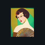 Art Deco Moderne Dame mit Fan Leinwanddruck<br><div class="desc">Leinwand in einem modernen, halb abstrakten Art-Déco-Porträt einer Dame, die einen Fan hält, vor einem jadegrünen und goldfarbenen Hintergrund</div>