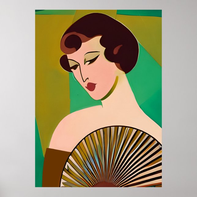 Art Deco Moderne Dame mit Fan Poster (Vorne)