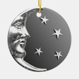 Art Deco Mond und Sterne - Grau und Silber Keramik Ornament