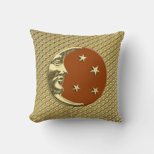 Art-Deco-Mond und Sterne - Rostbraun und Gold Kissen (Vorderseite)