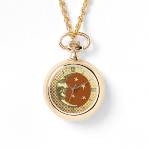 Art Deco Mond und Sterne, Rostbraun und Gold Uhr
