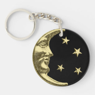 Art Deco Mond und Sterne - Schwarz und Gold Schlüsselanhänger