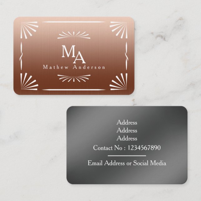 Art Deco Monogram Copper Personal Visitenkarte (Vorne/Hinten)