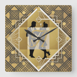 Art Deco Monogram Flapper Couple Newlyweds Deco Quadratische Wanduhr