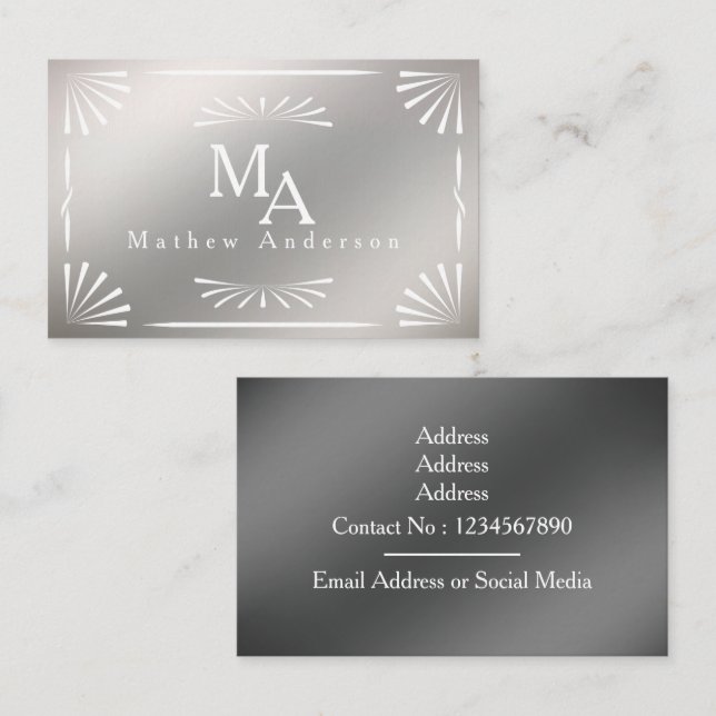 Art Deco Monogram Silver Personal Visitenkarte (Vorne/Hinten)