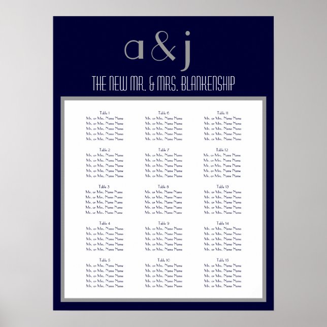 Art Deco Monogram Wedding 150 Guest Seating Chart Poster (Vorne)