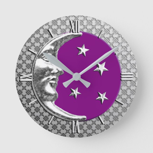 Art Deco Moon and Stars, Amethyst and Silver Runde Wanduhr (Vorderseite)