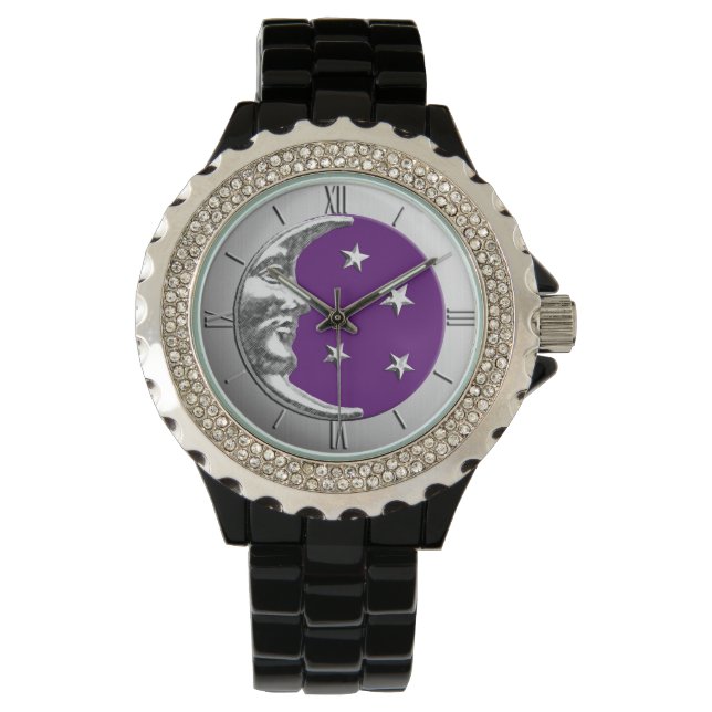Art Deco Moon and Stars - Amethyst Lila & Silver Armbanduhr (Vorderseite)
