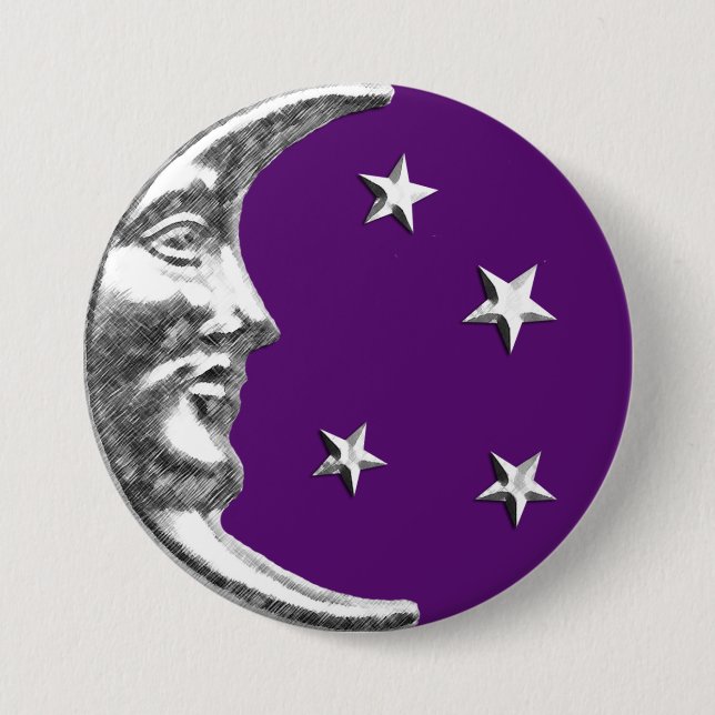 Art Deco Moon and Stars - Amethyst Lila & Silver Button (Vorderseite)