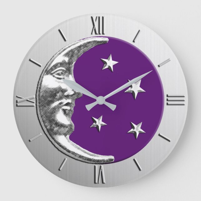 Art Deco Moon and Stars - Amethyst Purple & Silver Große Wanduhr (Vorderseite)