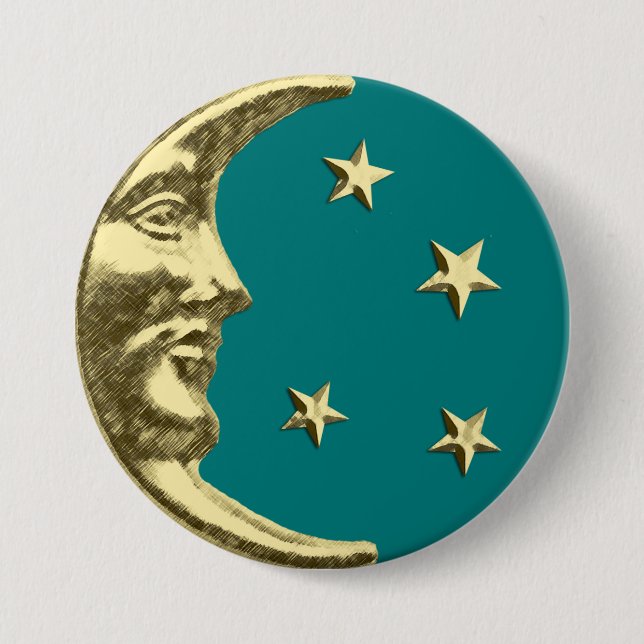 Art Deco Moon and Stars - Aquamarin und Gold Button (Vorderseite)