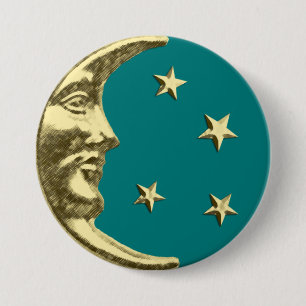 Art Deco Moon and Stars - Aquamarin und Gold Button