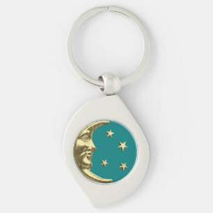 Art Deco Moon and Stars - Aquamarin und Gold Schlüsselanhänger