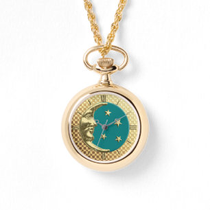Art Deco Moon and Stars, Aquamarin und Gold Watch Armbanduhr