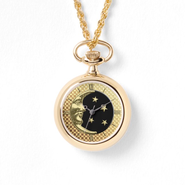 Art Deco Moon and Stars, Black and Gold Watch Armbanduhr (Vorderseite)