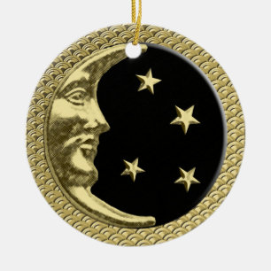 Art Deco Moon and Stars Black on Gold Hintergrund Keramik Ornament