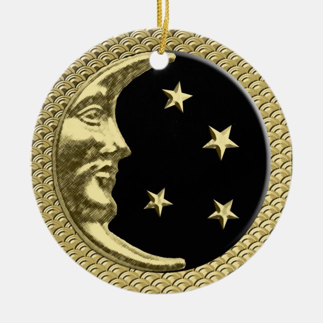 Art Deco Moon and Stars Black on Gold Hintergrund Keramik Ornament (Vorne)