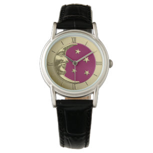 Art Deco Moon and Stars - Burgund und Gold Armbanduhr