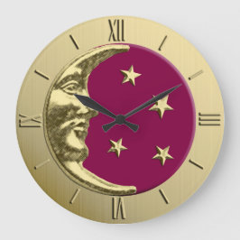 Art Deco Moon and Stars - Burgund und Gold Große Wanduhr