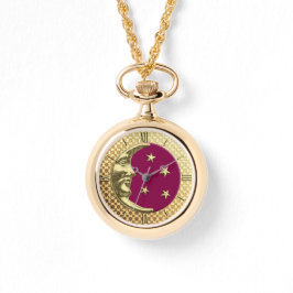 Art Deco Moon and Stars, Burgund und Gold Watch Armbanduhr
