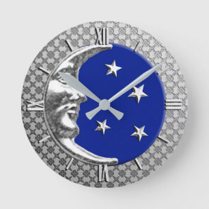 Art Deco Moon and Stars, Cobalt Blue und Silver Runde Wanduhr
