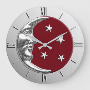Art Deco Moon and Stars - Dunkelrot und Silber Große Wanduhr