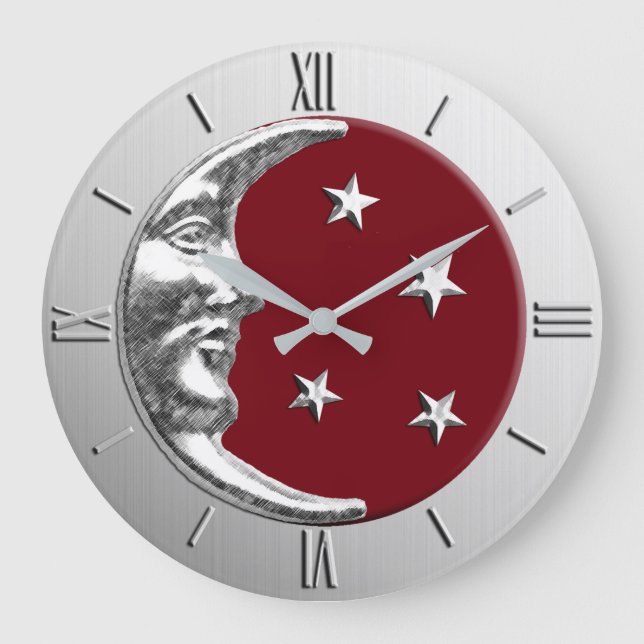 Art Deco Moon and Stars - Dunkelrot und Silber Große Wanduhr (Vorderseite)