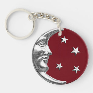 Art Deco Moon and Stars - Dunkelrot und Silber Schlüsselanhänger