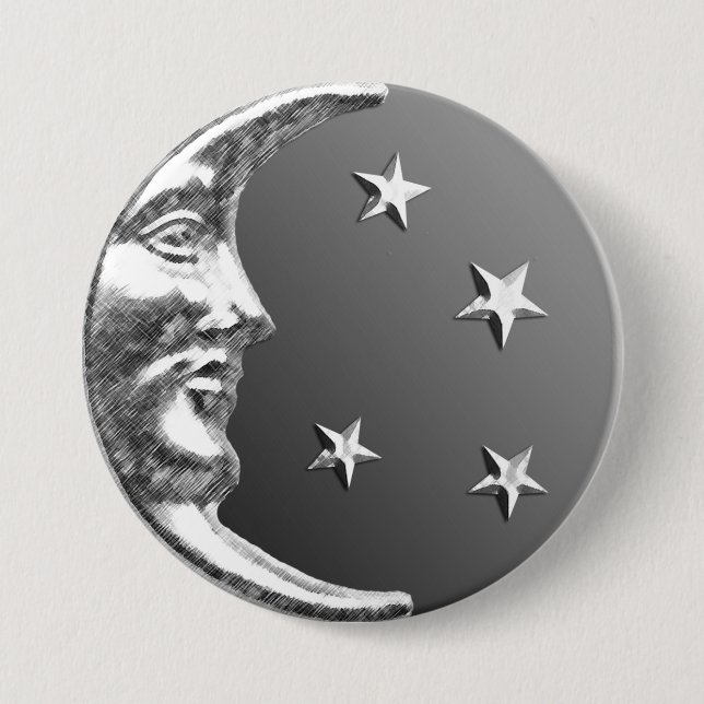 Art Deco Moon and Stars - Grau / Grau und Silber Button (Vorderseite)