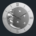 Art Deco Moon and Stars - Grau / Grau und Silber Große Wanduhr<br><div class="desc">Klassische Art Deco Monde und Sterne Design Uhr in gebürstetem Silber,  mit einem Hämatit Stein / Grau Emaille Hintergrund</div>