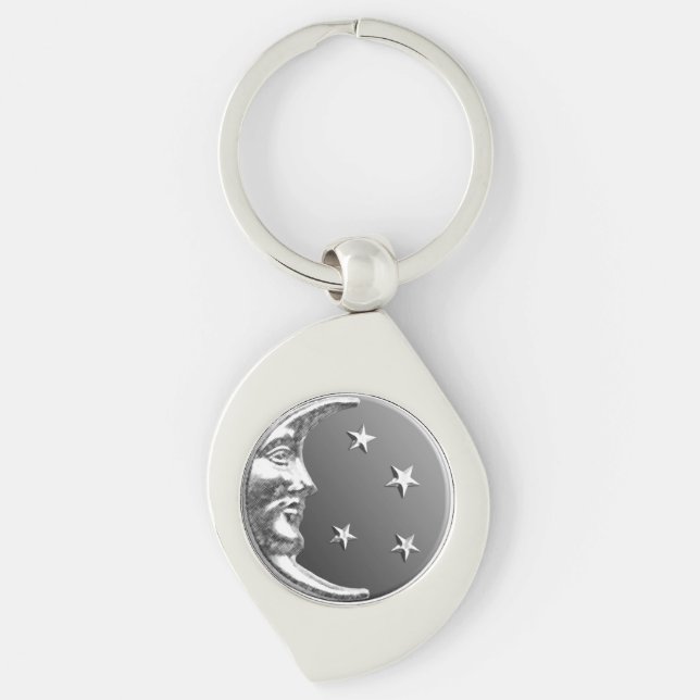Art Deco Moon and Stars - Grau / Grau und Silber Schlüsselanhänger (Vorderseite)