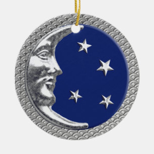 Art Deco Moon and Stars in Cobalt Blue und Silver Keramik Ornament