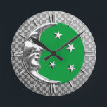 Art Deco Moon and Stars, Jade Green and Silver Runde Wanduhr<br><div class="desc">Clock in a classic Art Deco moon and stars design in brushed silver with an enamel look,  jade green background</div>