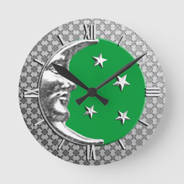 Art Deco Moon and Stars, Jade Green and Silver Runde Wanduhr (Vorderseite)