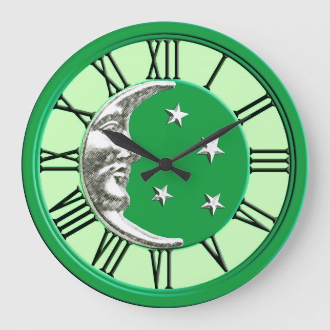 Art Deco Moon and Stars - Jade Green und Silver Große Wanduhr (Vorderseite)