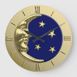 Art Deco Moon and Stars - Navy Blue und Gold Große Wanduhr