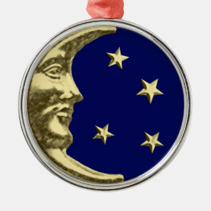 Art Deco Moon and Stars - Navy Blue und Gold Silbernes Ornament
