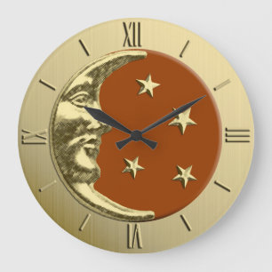 Art Deco Moon and Stars - Rostbraun und Gold Große Wanduhr