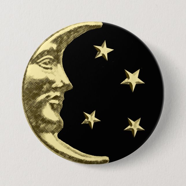 Art Deco Moon and Stars - Schwarz und Gold Button (Vorderseite)