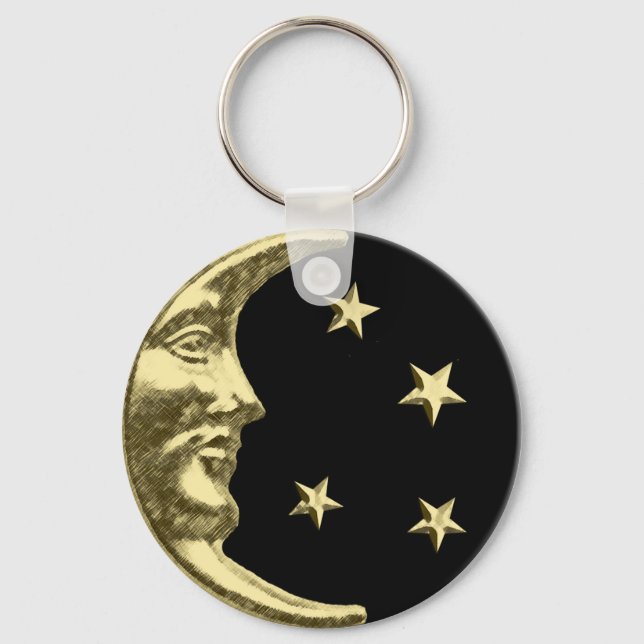 Art Deco Moon and Stars - Schwarz und Gold Schlüsselanhänger (Vorderseite)