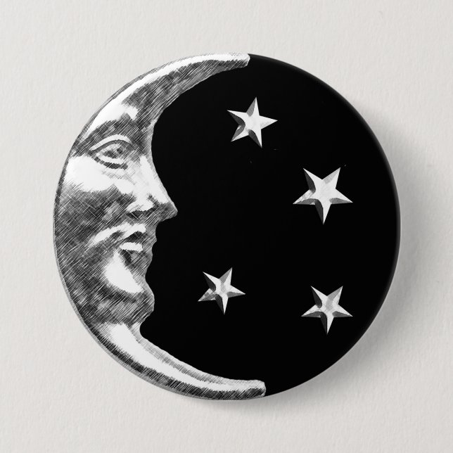 Art Deco Moon and Stars - Schwarz und Silber Button (Vorderseite)