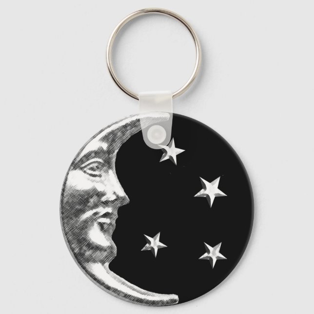 Art Deco Moon and Stars - Schwarz und Silber Schlüsselanhänger (Vorderseite)