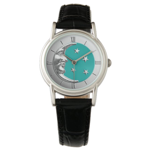 Art Deco Moon and Stars - Türkis & Silber Armbanduhr (Vorderseite)